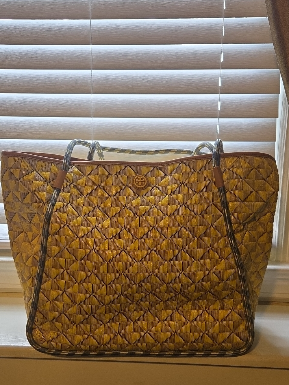 Tory Burch Mosaic Straw Tote featuring braided shoulder straps and brown leather